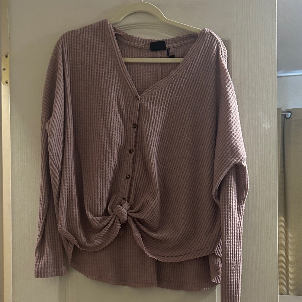 Urban Outfitters Mauve Ribbed Button-Down Tie Front Top